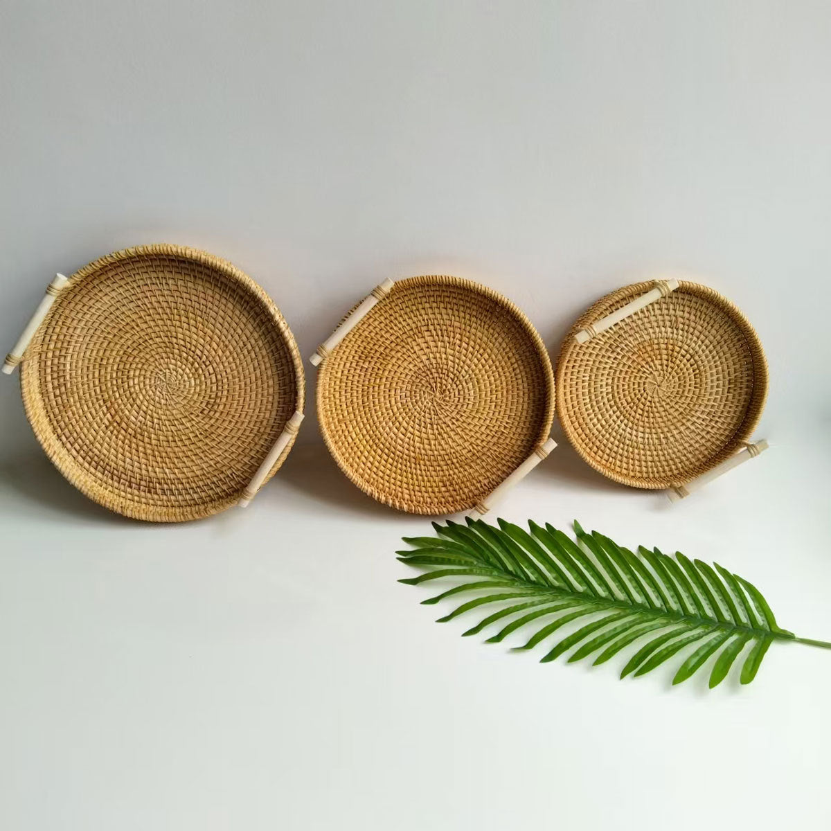 Round rattan tray set with white handles
