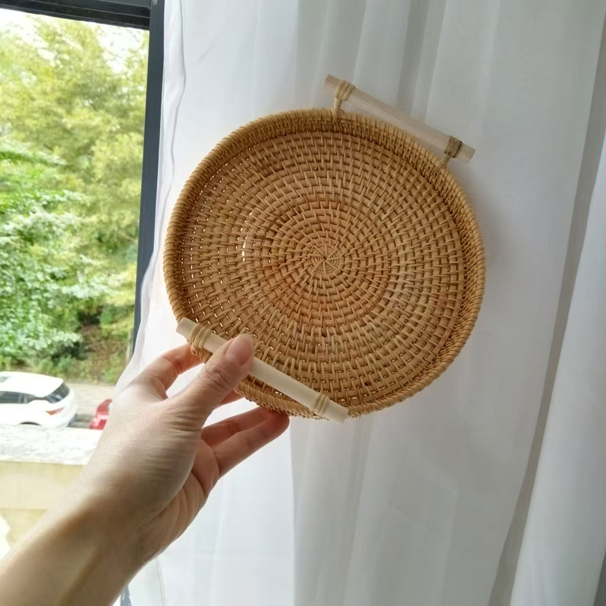 Round rattan tray set with white handles