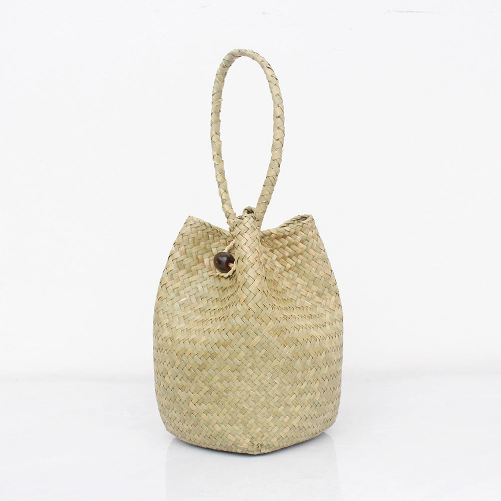 Straw bucket handbag with scarf handle for beach summer