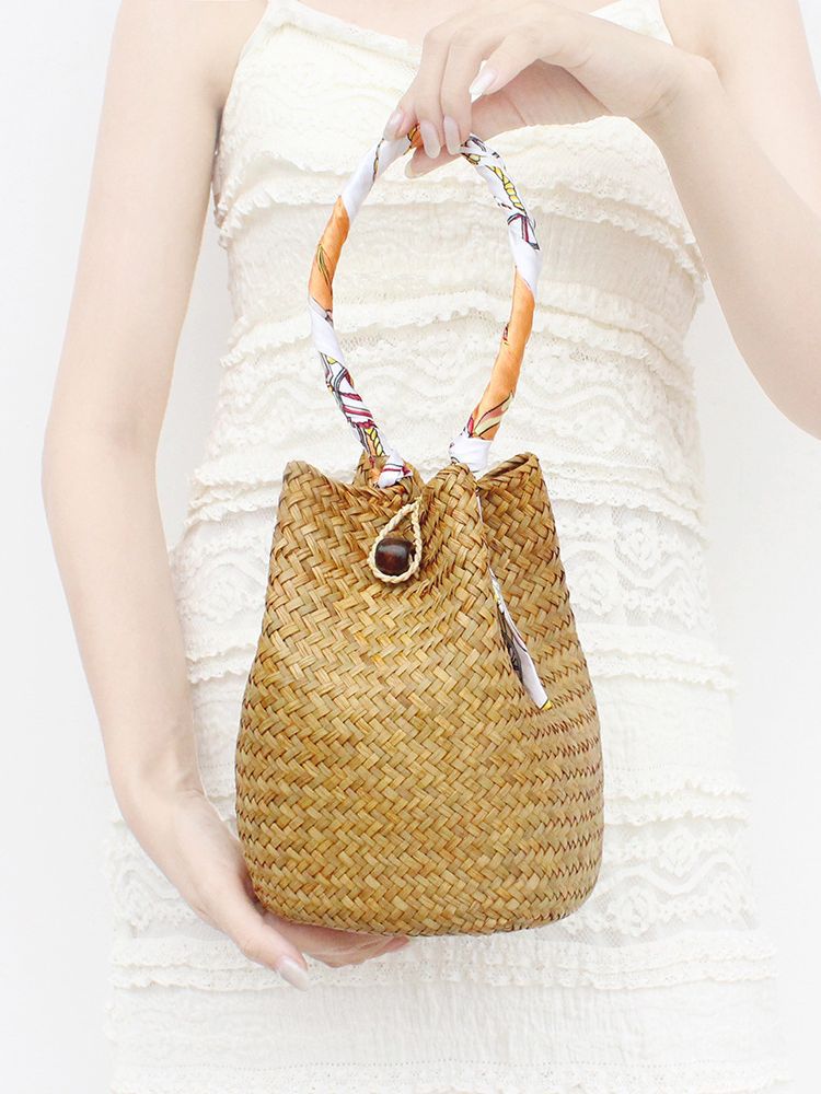 Straw bucket handbag with scarf handle for beach summer