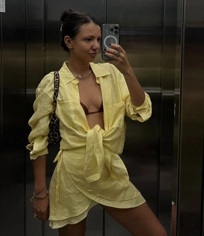 Beach sun protection shirt dress set Yellow