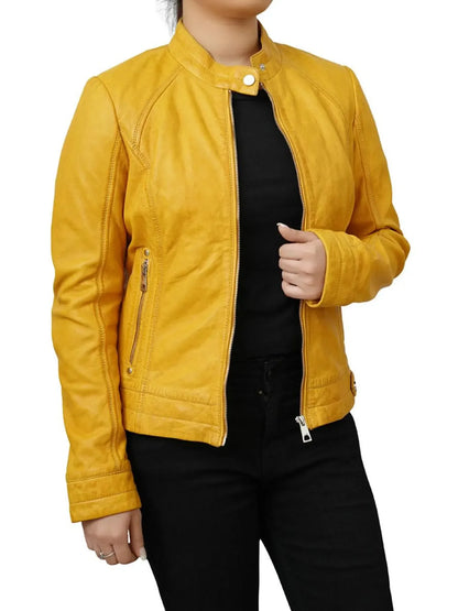 Womens Yellow Biker Jacket Slim Fit Genuine Leather