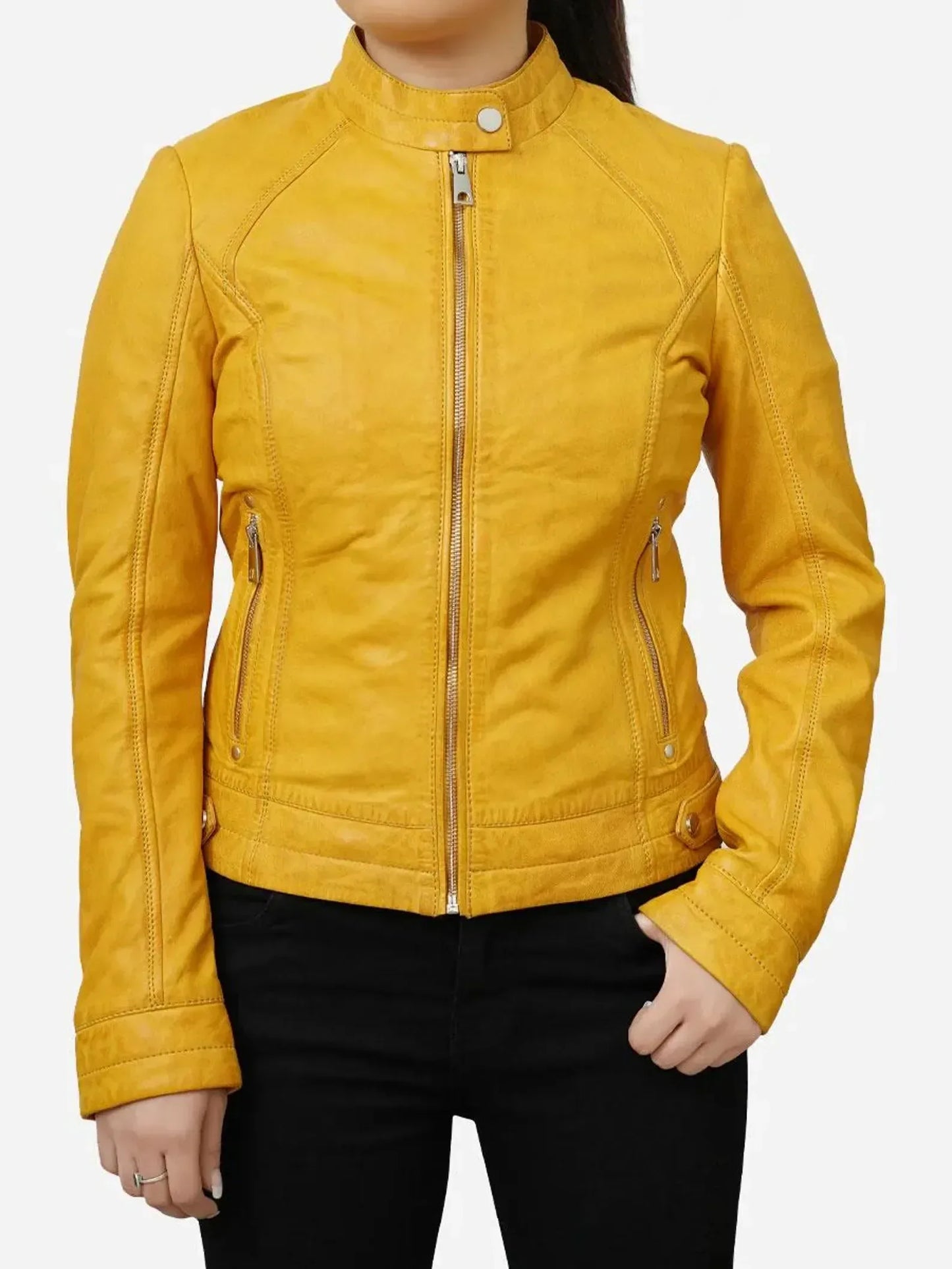 Womens Yellow Biker Jacket Slim Fit Genuine Leather