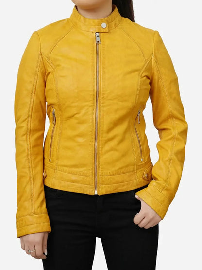 Womens Yellow Biker Jacket Slim Fit Genuine Leather