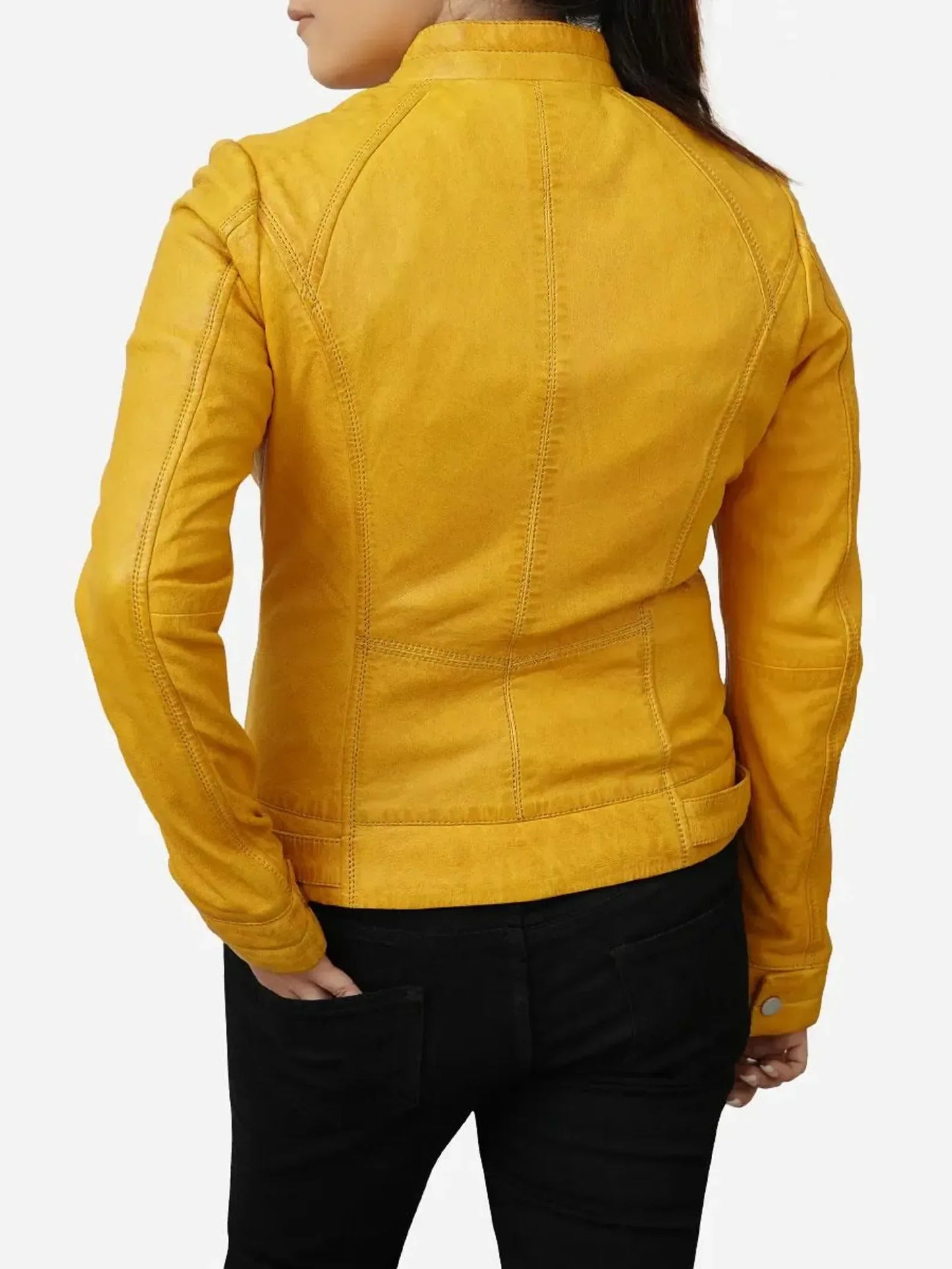 Womens Yellow Biker Jacket Slim Fit Genuine Leather