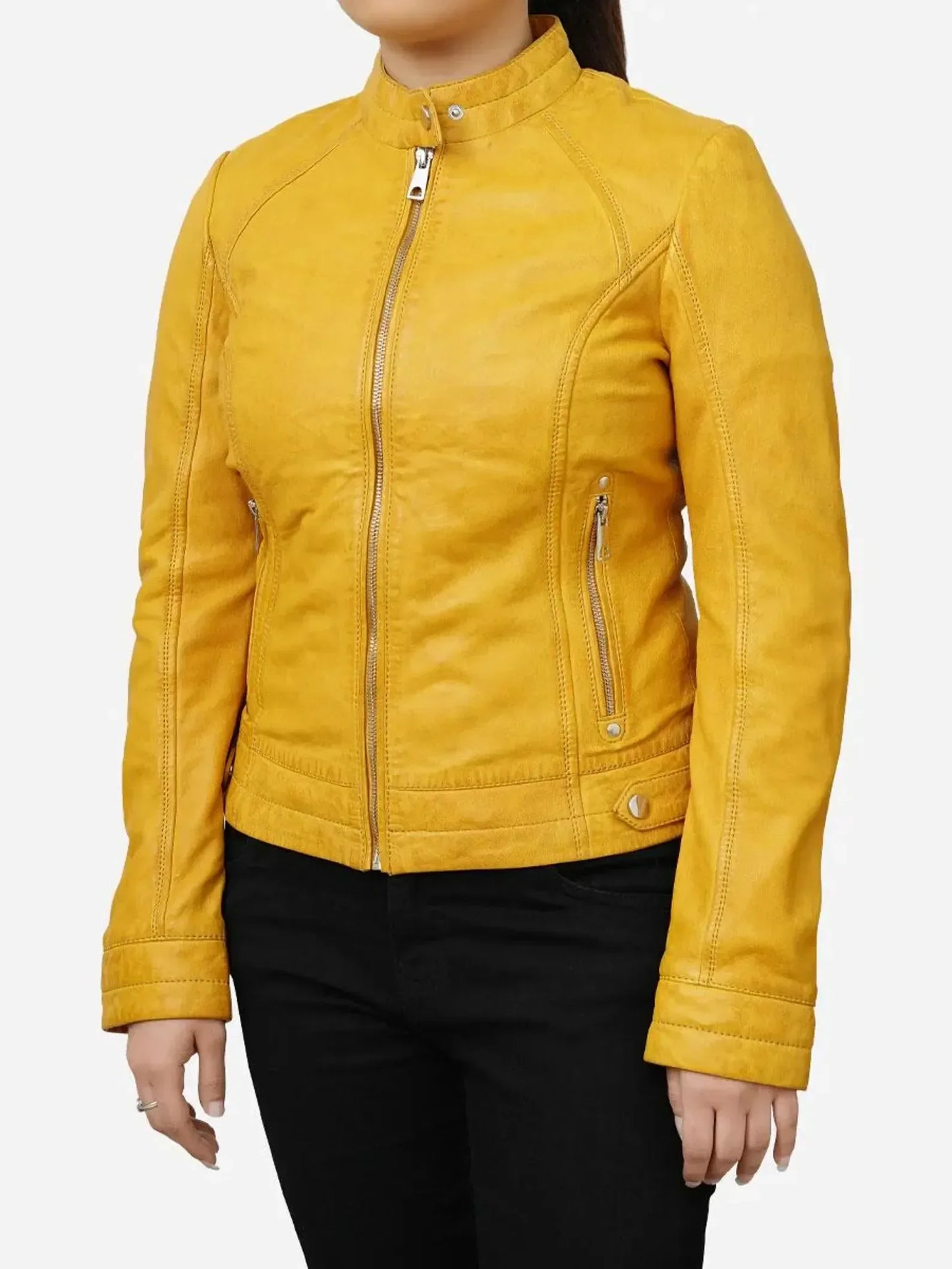 Womens Yellow Biker Jacket Slim Fit Genuine Leather
