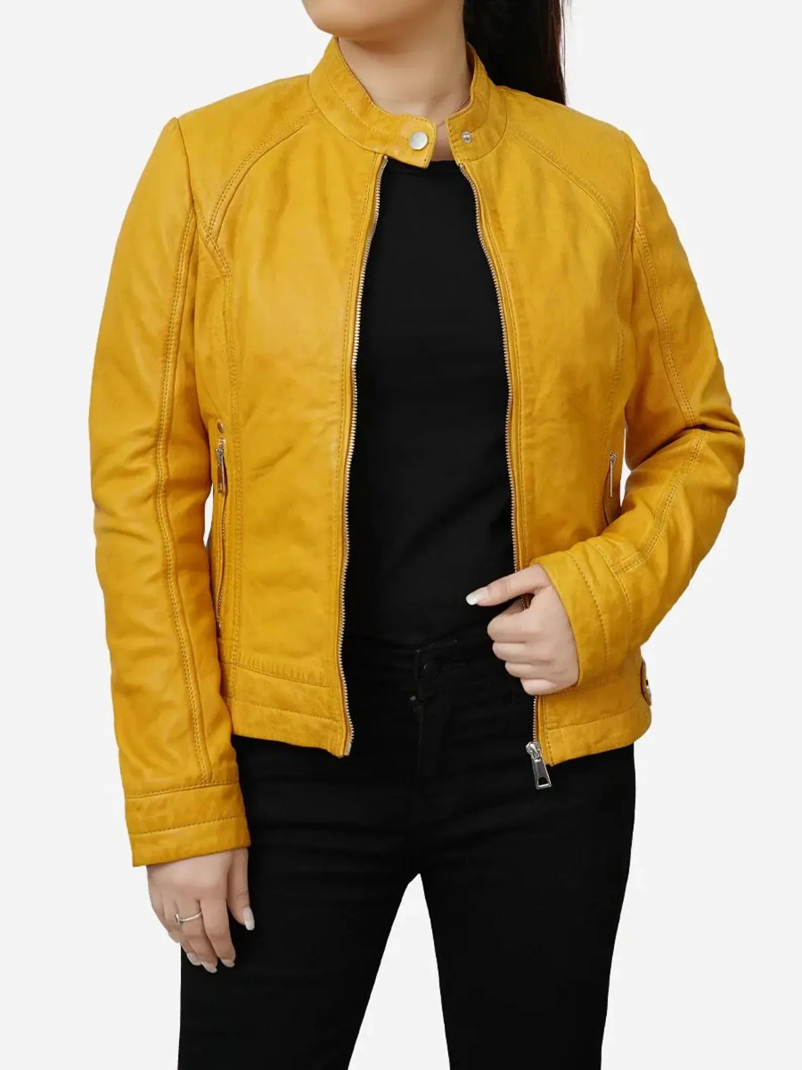Womens Yellow Biker Jacket Slim Fit Genuine Leather