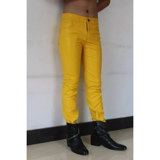 yellow leather pants mens slim fit