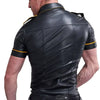 black short sleeve leather shirt mens yellow piping
