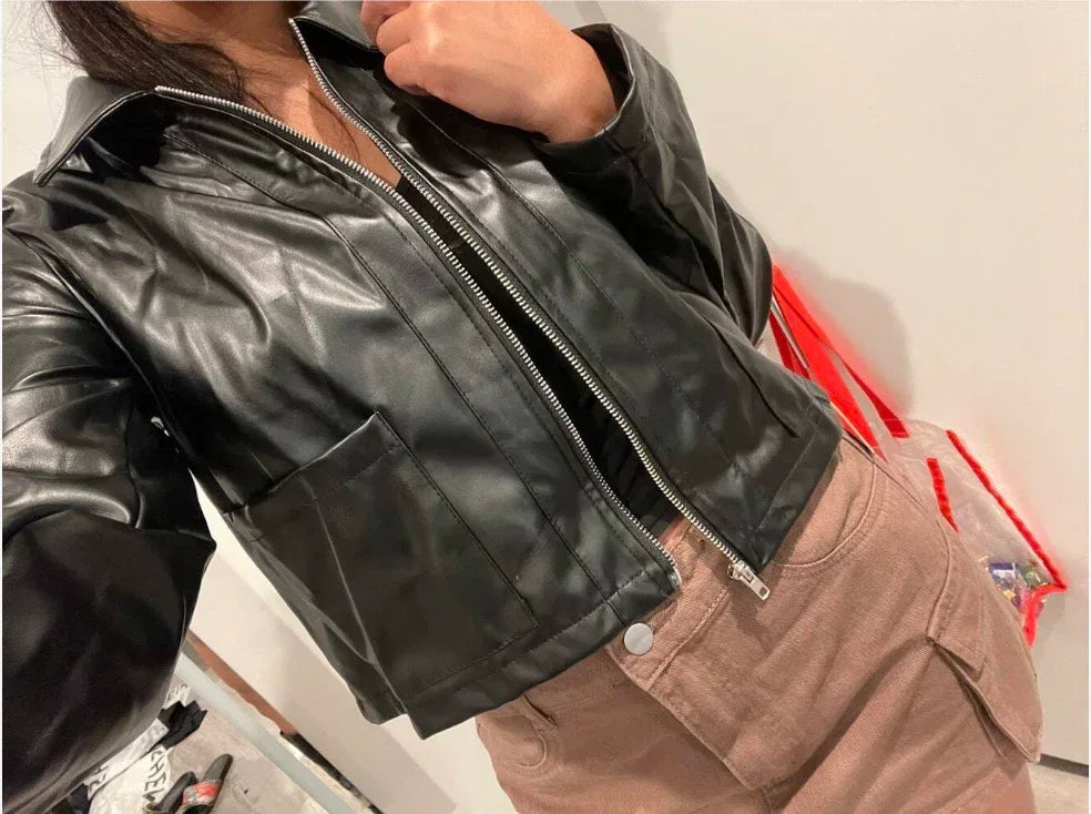 Cropped Faux Leather Jacket Women Black Casual Short Fit