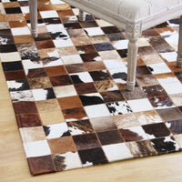 Leather Cowhide Patchwork Rug Tricolor Square Design