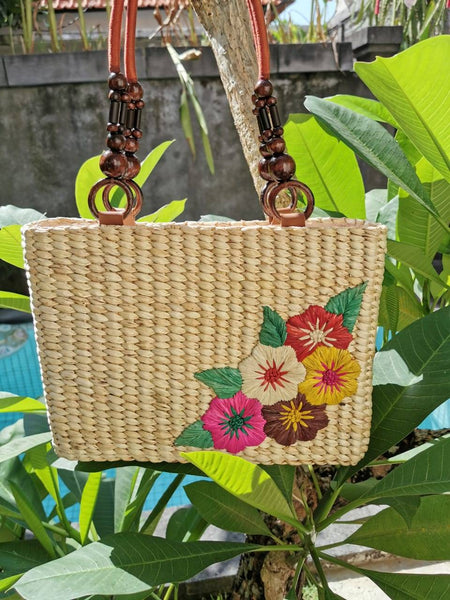 Hyacinth Beach Bags for Women - Hand Woven Totes Mini Shoulder bagegg with embroideredkat Texture and Flowers