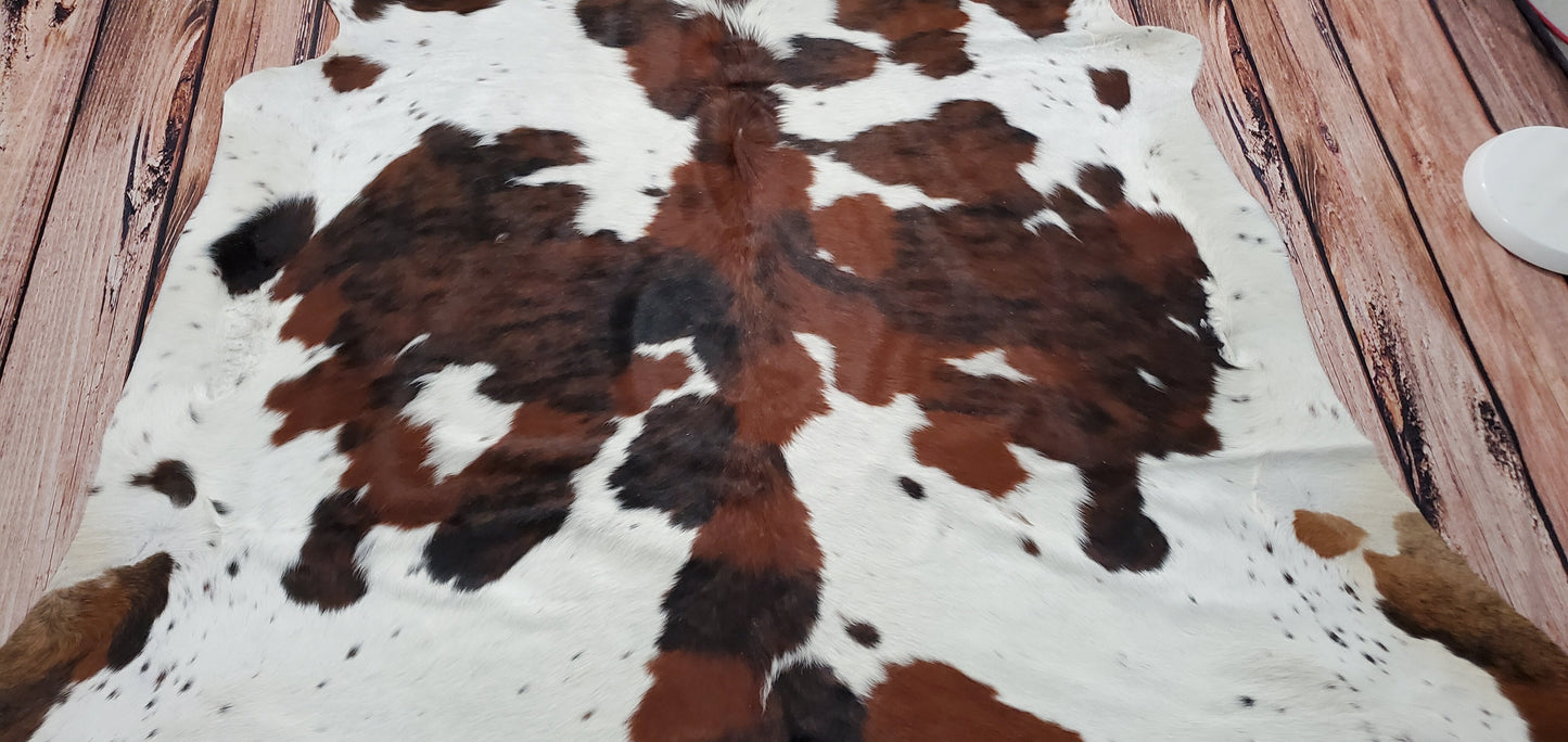 Large Tricolor Brazilian Cowhide Rug 6.6ft X 6.5ft