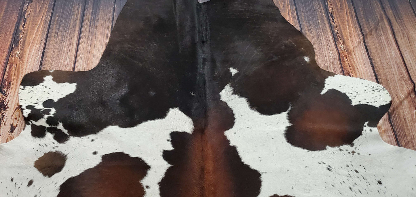 Large Tricolor Cow Hide Rug 7.4ft x 7ft