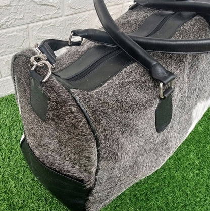 Grey Cowhide Weekender Duffel Bag