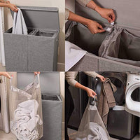 Home Double Laundry Hamper with Lid and Removable Liners | Linen | Easily Transport Laundry | Foldable Hamper | Cut Out Handles