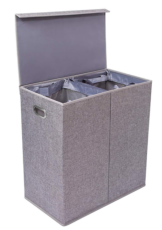Home Double Laundry Hamper with Lid and Removable Liners | Linen | Easily Transport Laundry | Foldable Hamper | Cut Out Handles Double Gray