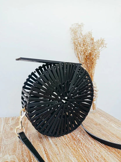 Rattan Bucket Bag Bamboo Crossbody Black