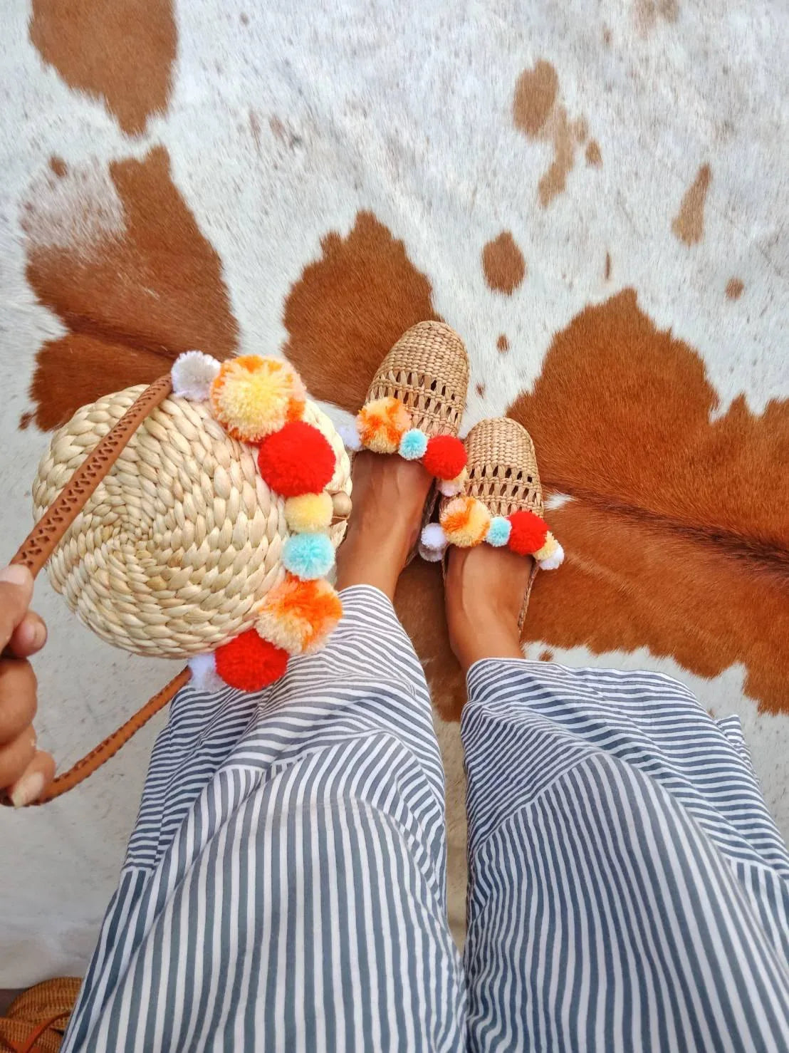 Handmade Rattan Pompom Shoulder Bag for Summer