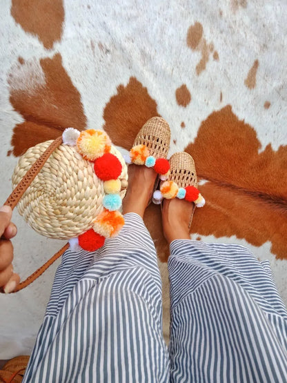 Handmade Rattan Pompom Shoulder Bag for Summer