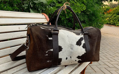 Brown White Cowhide Weekender Duffel Bag