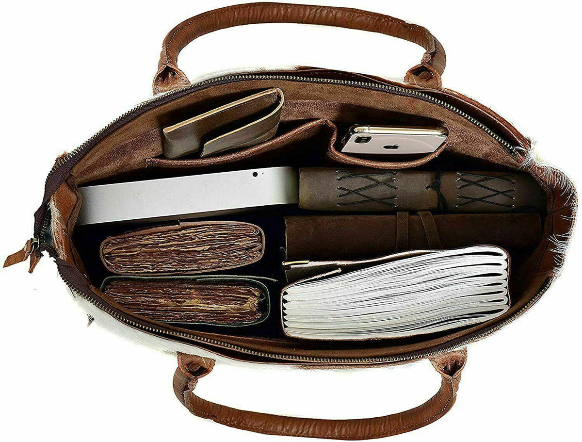 Brown white cowhide handbag set real leather wallet