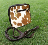 Brown white cowhide leather bag made to order from premium leather and natural cowhide