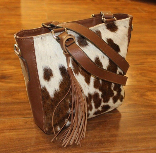 Real Cowhide Crossbody Bag Messenger Purse Brown White