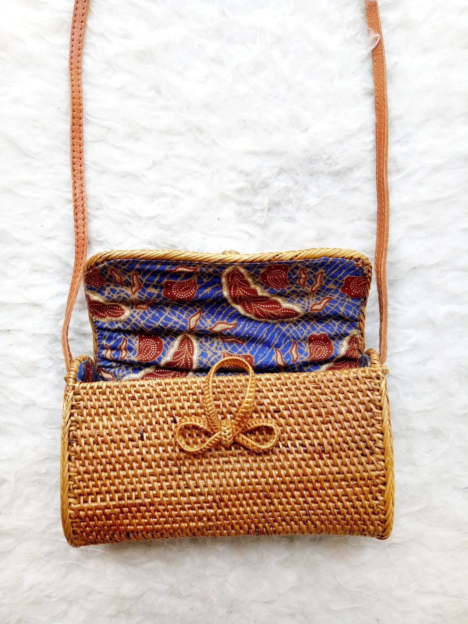 Handmade Small Rattan Crossbody Bag with Batik Lining