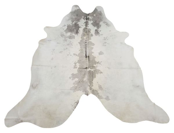 What a gorgeous statement piece, this large grey and white cowhide rug is one of a kind, the speckled marking in gray with stripes and white background gives an exotic effect to this cowhide. 