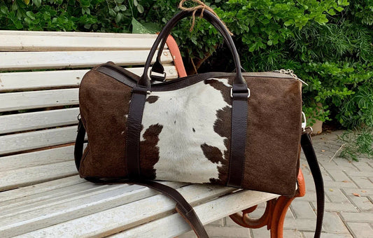Brown White Cowhide Weekender Duffel Bag