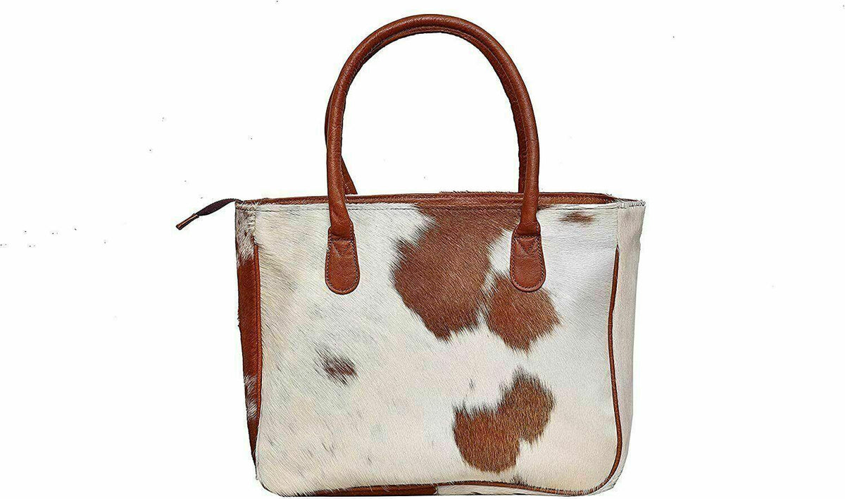 Brown white cowhide handbag set real leather wallet