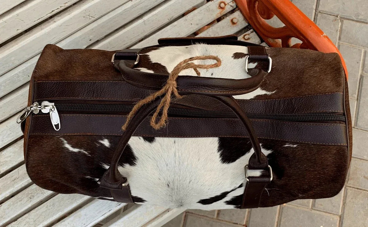 Brown White Cowhide Weekender Duffel Bag