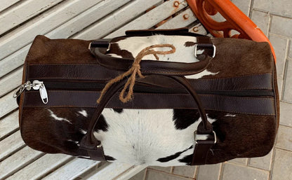 Brown White Cowhide Weekender Duffel Bag