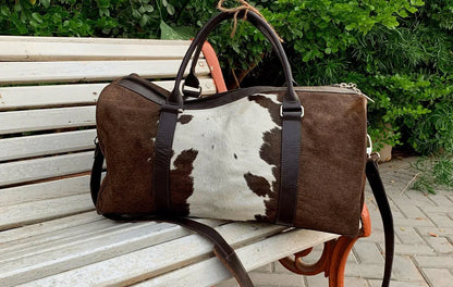 Brown White Cowhide Weekender Duffel Bag