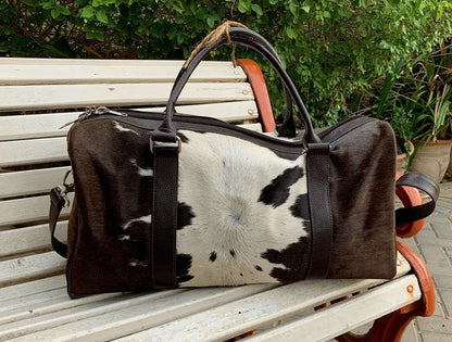 Brown White Cowhide Weekender Duffel Bag