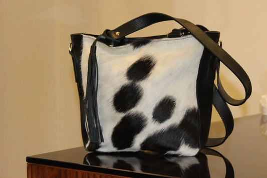 Real Cowhide Fringe Cross body Bag Black White