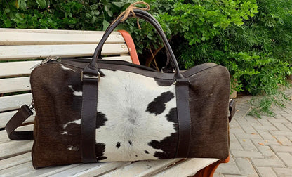 Brown White Cowhide Weekender Duffel Bag