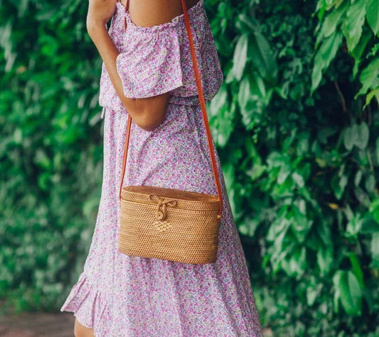 Brown Handwoven Rectangle Rattan Bag Bali
