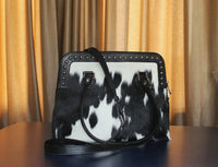 black and white cowhide western sling purse