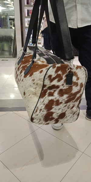 Cowhide Duffle Airport Bag  in brown and white real leather
