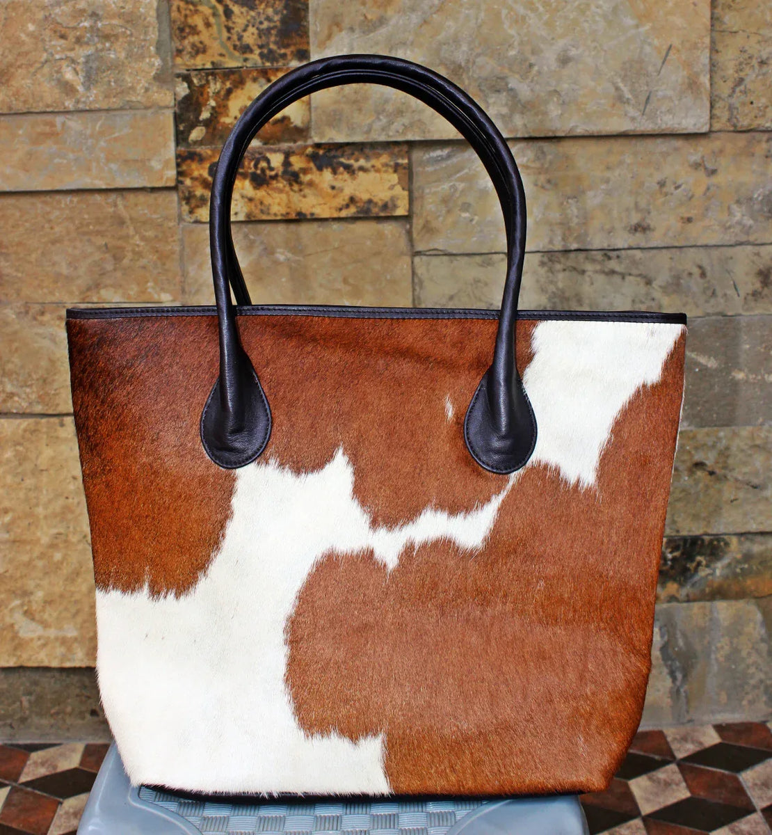 Pony Hair Tote Bag Large Real Brown And White Boho Living Room