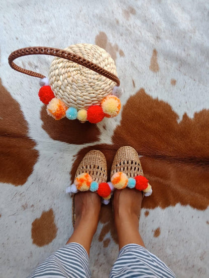 Handmade Rattan Pompom Shoulder Bag for Summer