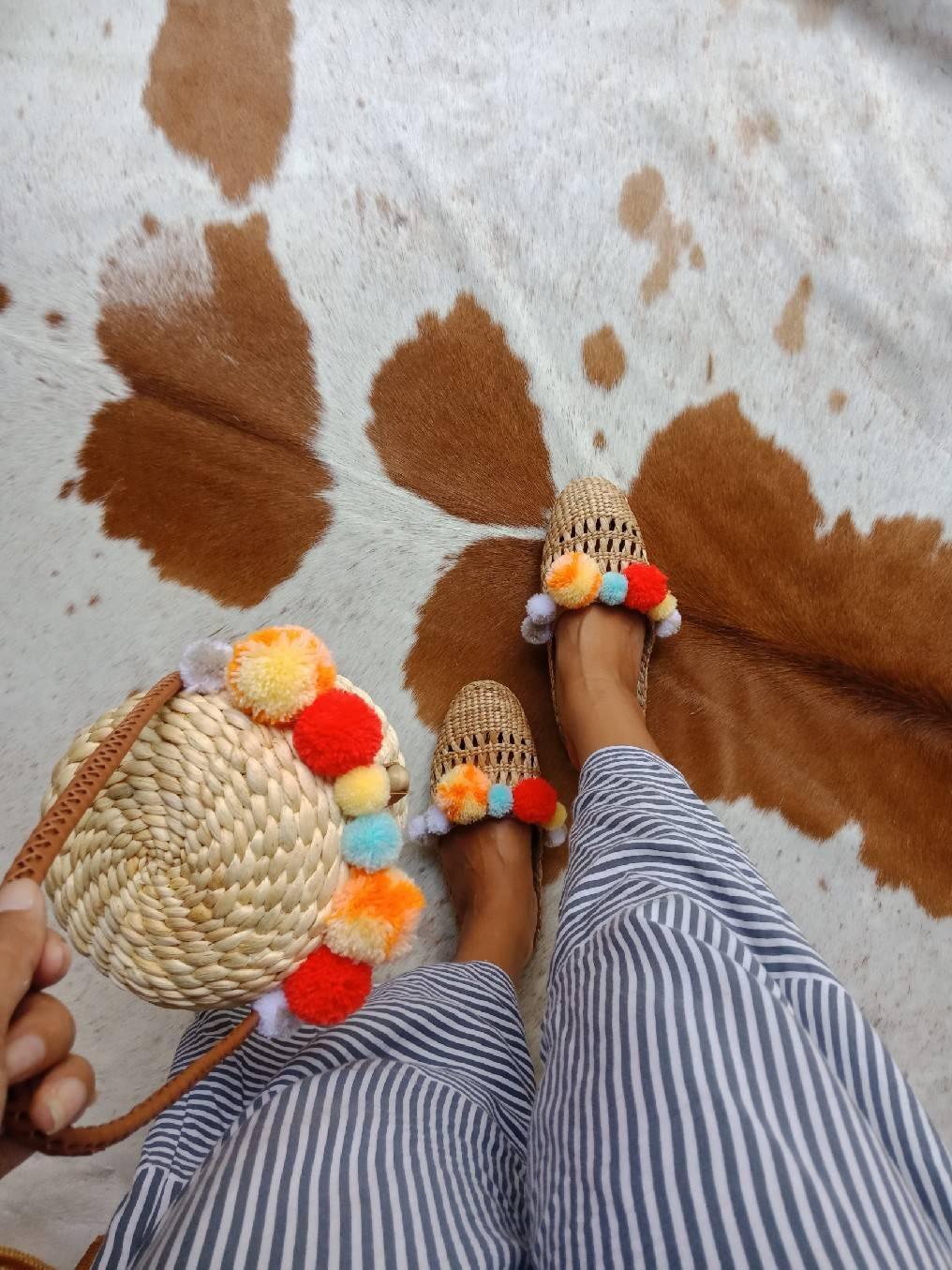 Handmade Rattan Pompom Shoulder Bag for Summer