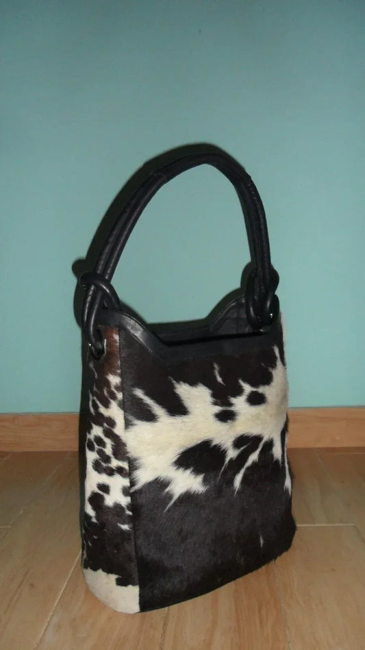 Real Cowhide Handbag Bucket Purse Black White