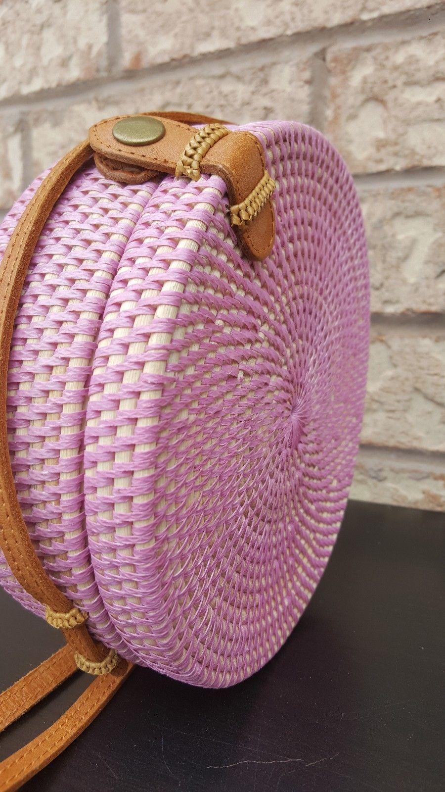 Pink round rattan bag bali crossbody handmade
