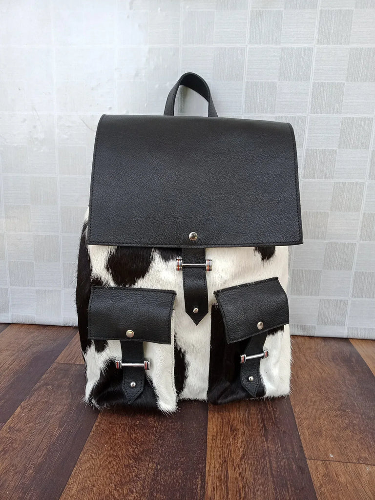 Black leather cowhide backpack with hair on hide