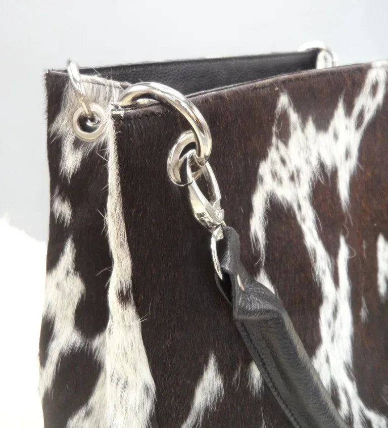 Black and white cowhide purse with fringe genuine leather handbag