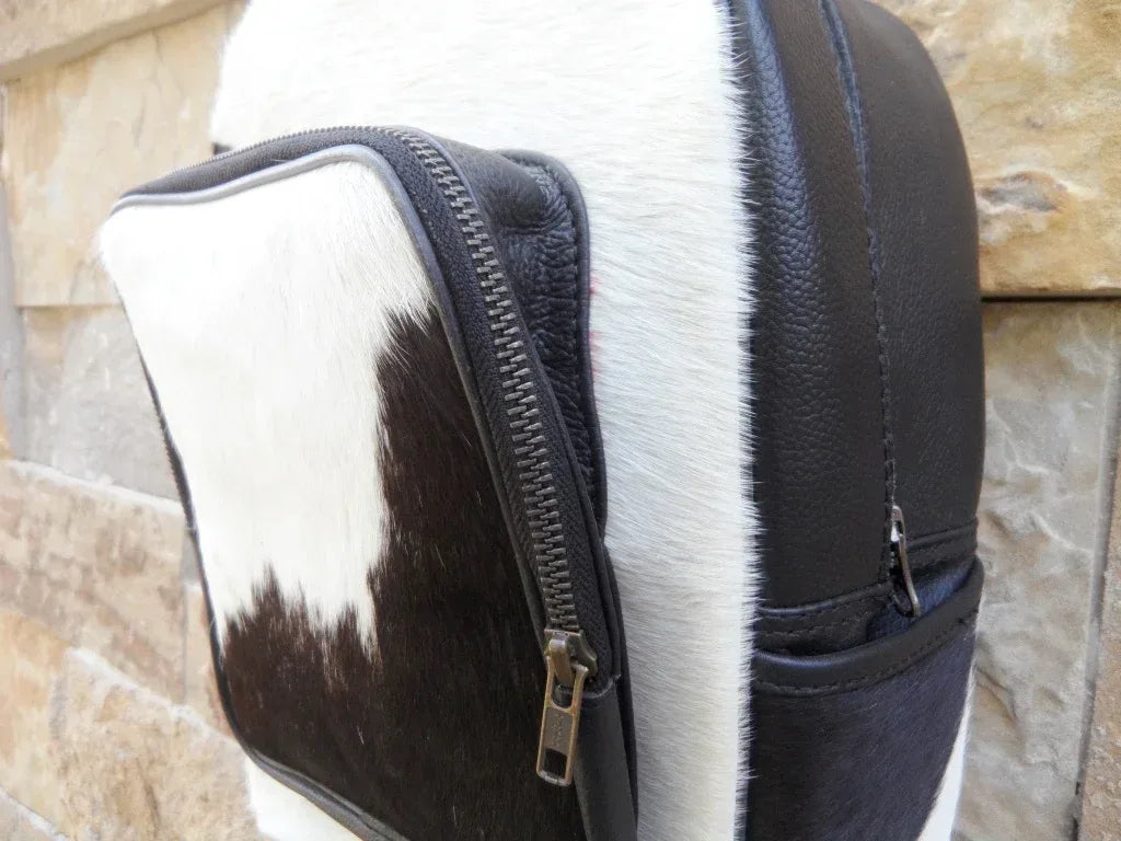 Black White Cowhide Backpack Mini Western Bag