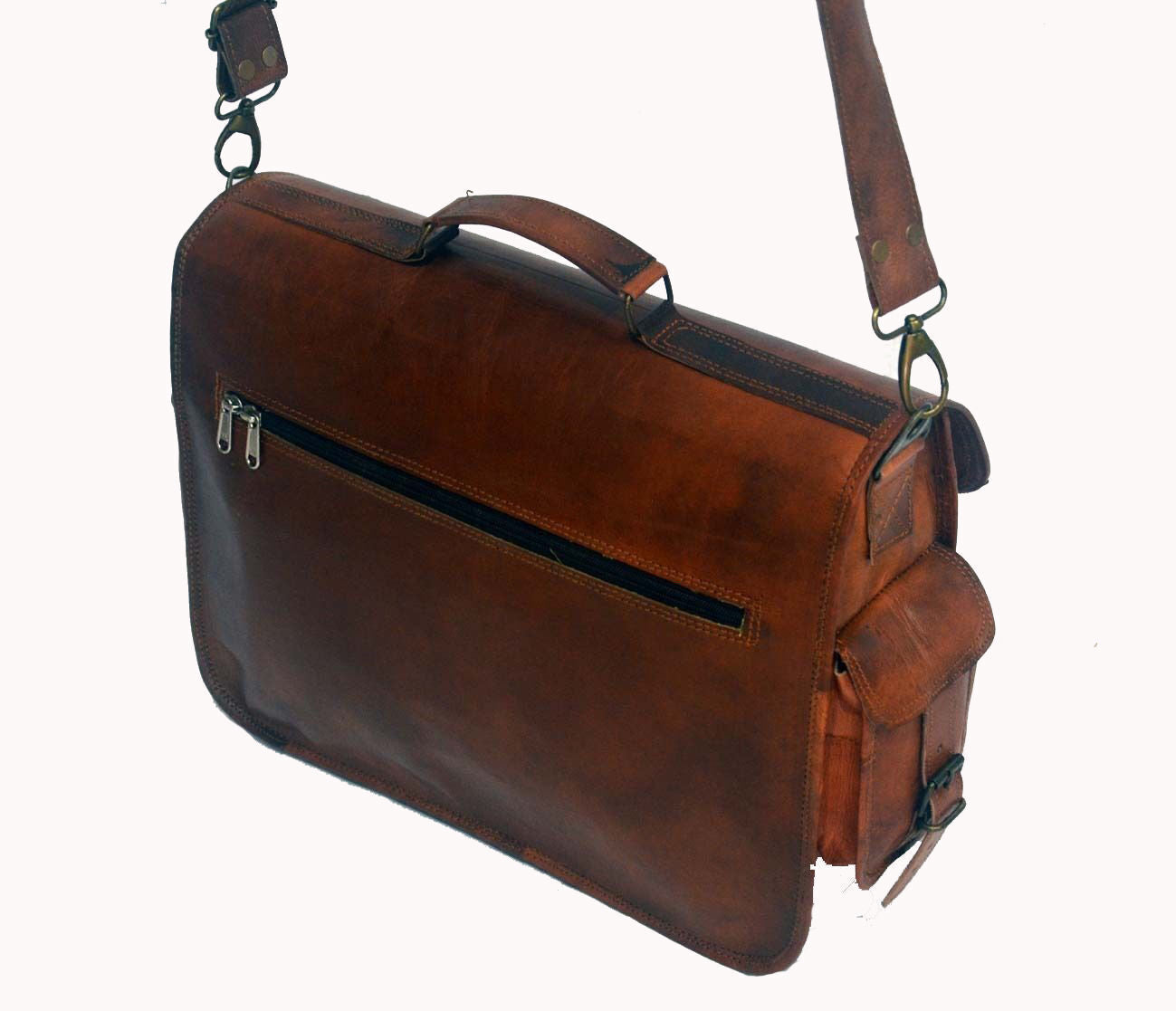 Classic brown leather messenger bag for men with multiple compartments, ideal for work or travel, on a desk.
